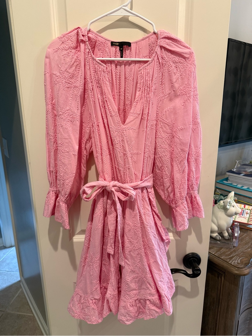 Maje Pink Embroidered V-Neck Mini Dress